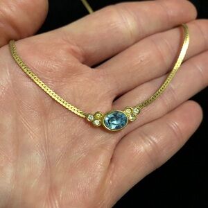 Very Vintage Gold Tone Necklace with Blue Faux Gemstone